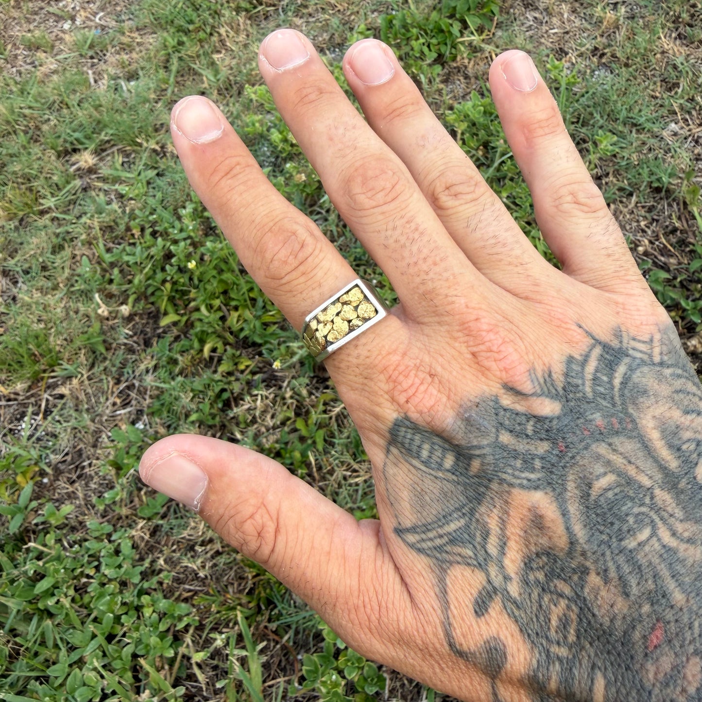 Vintage Solid Sterling Silver 23k Raw Natural Gold Placer Nugget Signet Ring (11)