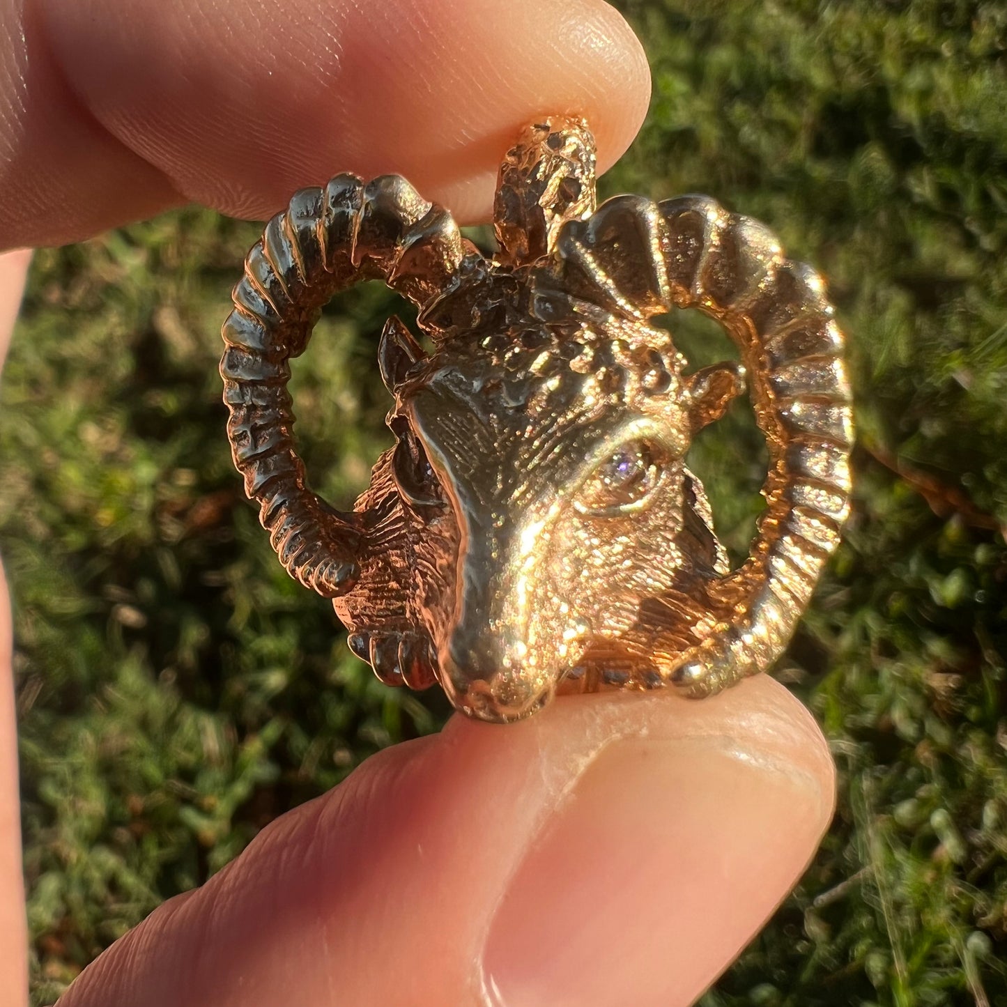 Vintage Solid 14k Yellow Gold Custom Diamond Encrusted Ram Pendant
