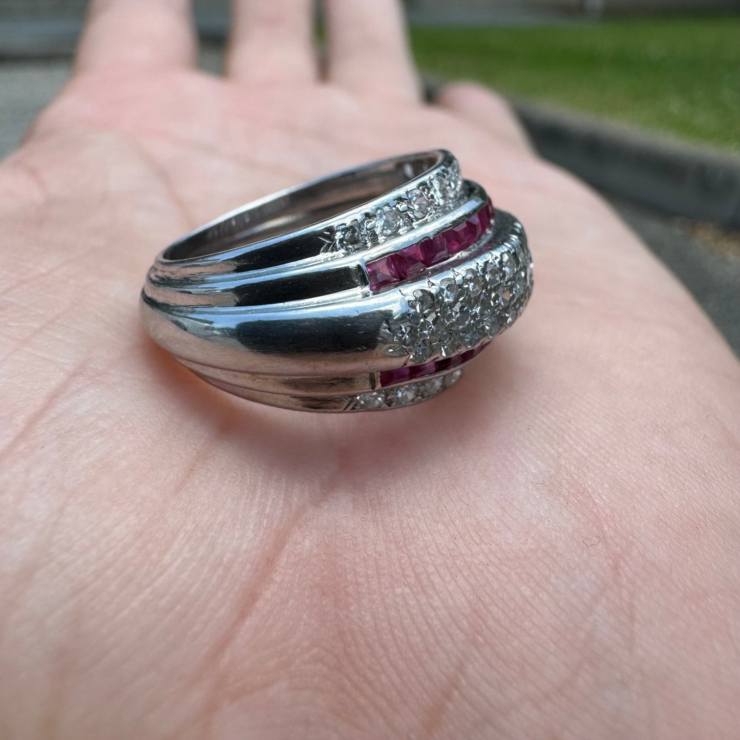 1940’s Retro Era Handcrafted 18k White Gold .73ctw Natural VS Quality Diamond And Princess Cut Ruby Flooded Step Up Ring (5.75)
