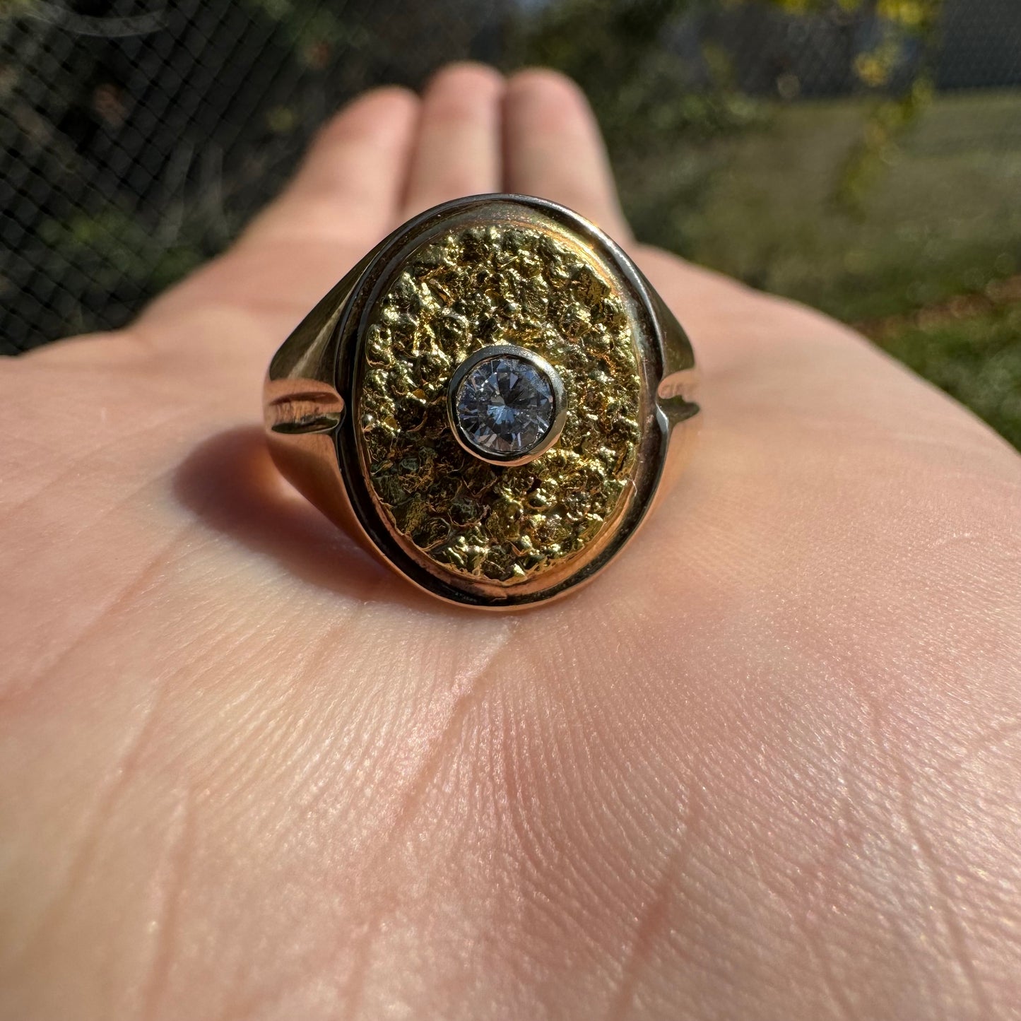 Mid-Century 22k Raw Gold Nugget Natural VS Diamond Solitaire 14k Yellow Gold Comfort Fit Signet Ring (10.5)