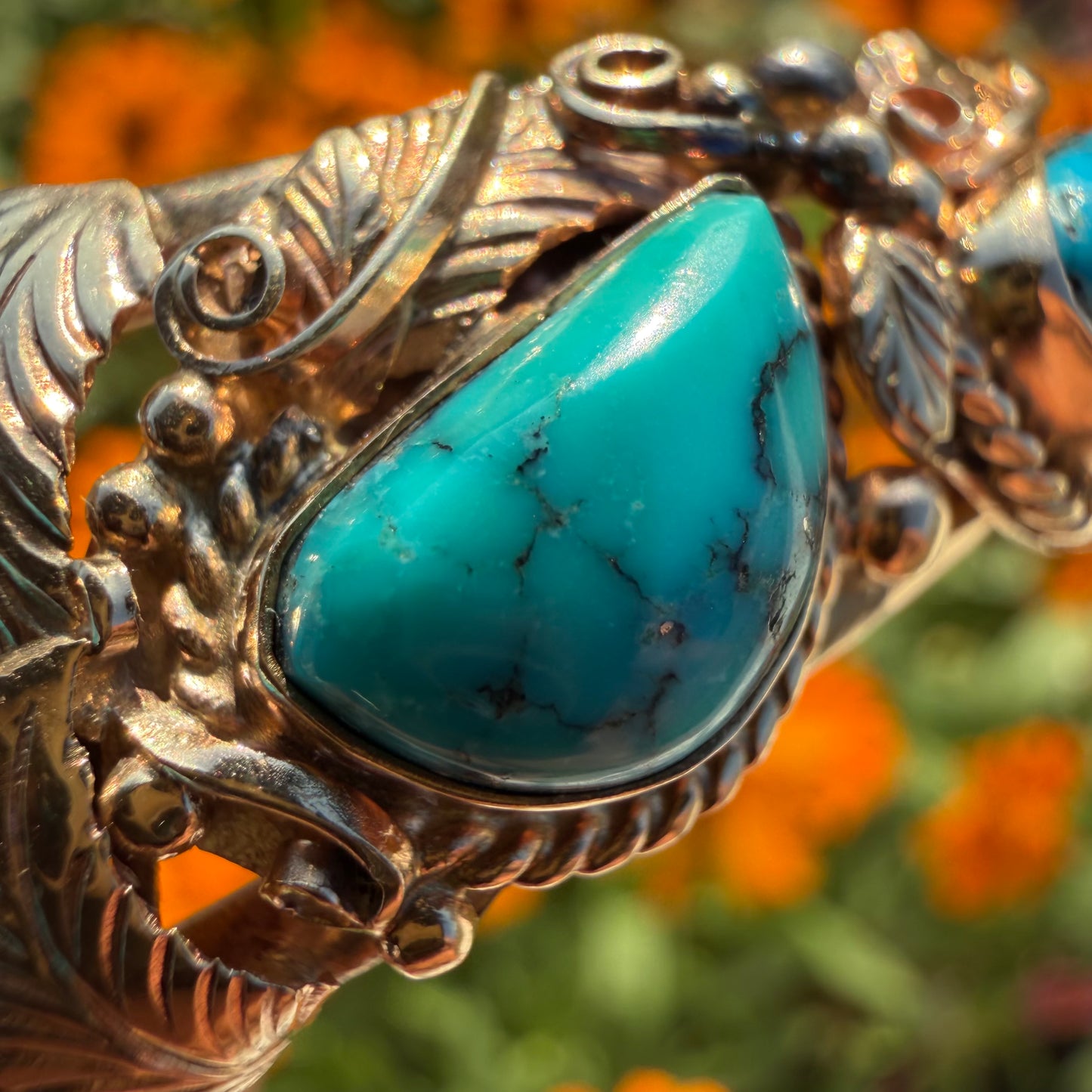 Vintage Solid 14k Yellow Gold Navajo Artist Signed Justin Morris Kingman Turquoise Cuff (6”-7”)