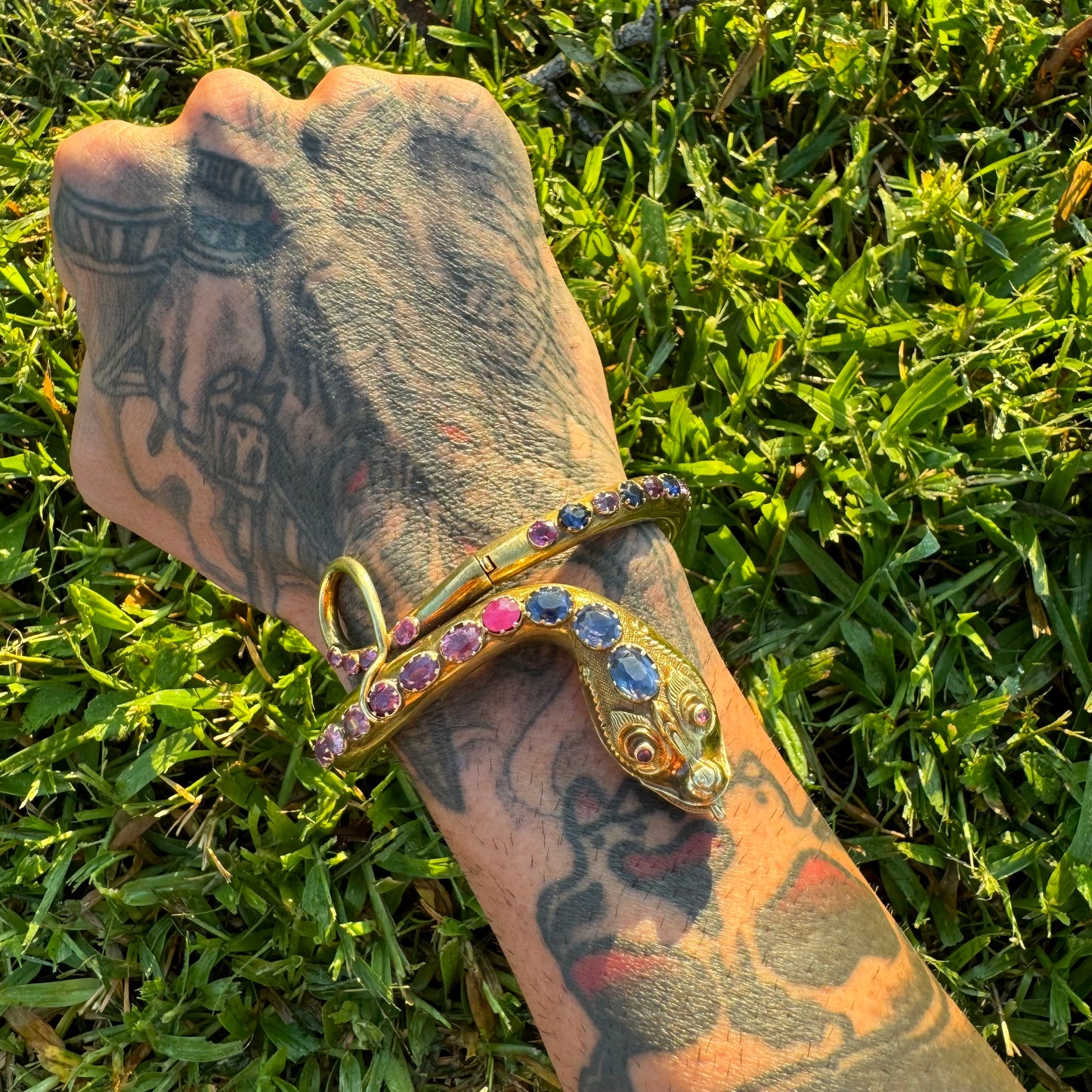 Mid 1800’s 15k Yellow Gold Blue And Pink Sapphire Encrusted Snake Bracelet (6”-7”)