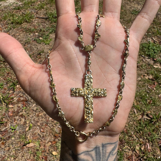 1890’s Yukon Gold Rush Era Natural Raw 20k Gold Nugget Cross Fob Watch Chain Necklace (16.5”)