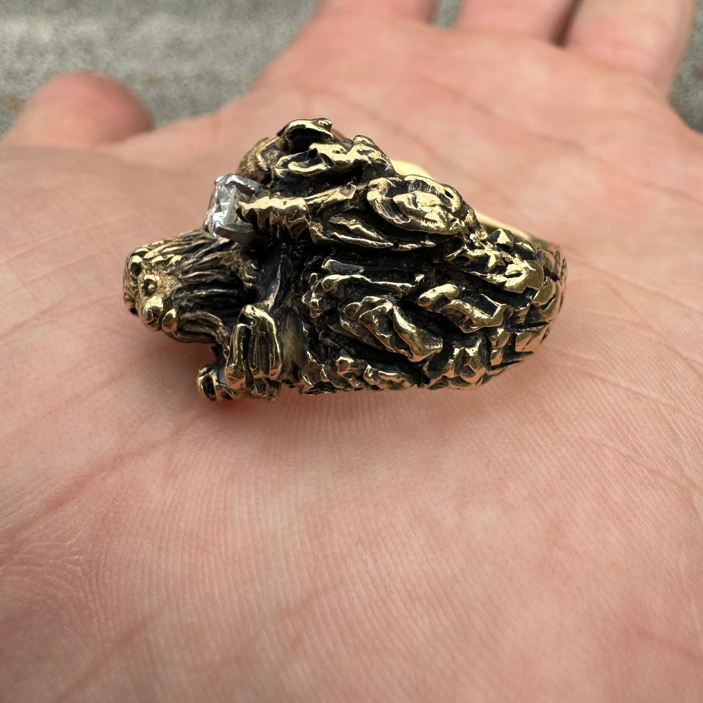 Vintage Solid 14k Yellow Gold .25CT Natural VS Diamond Heavyweight Lion Ring (7.75)