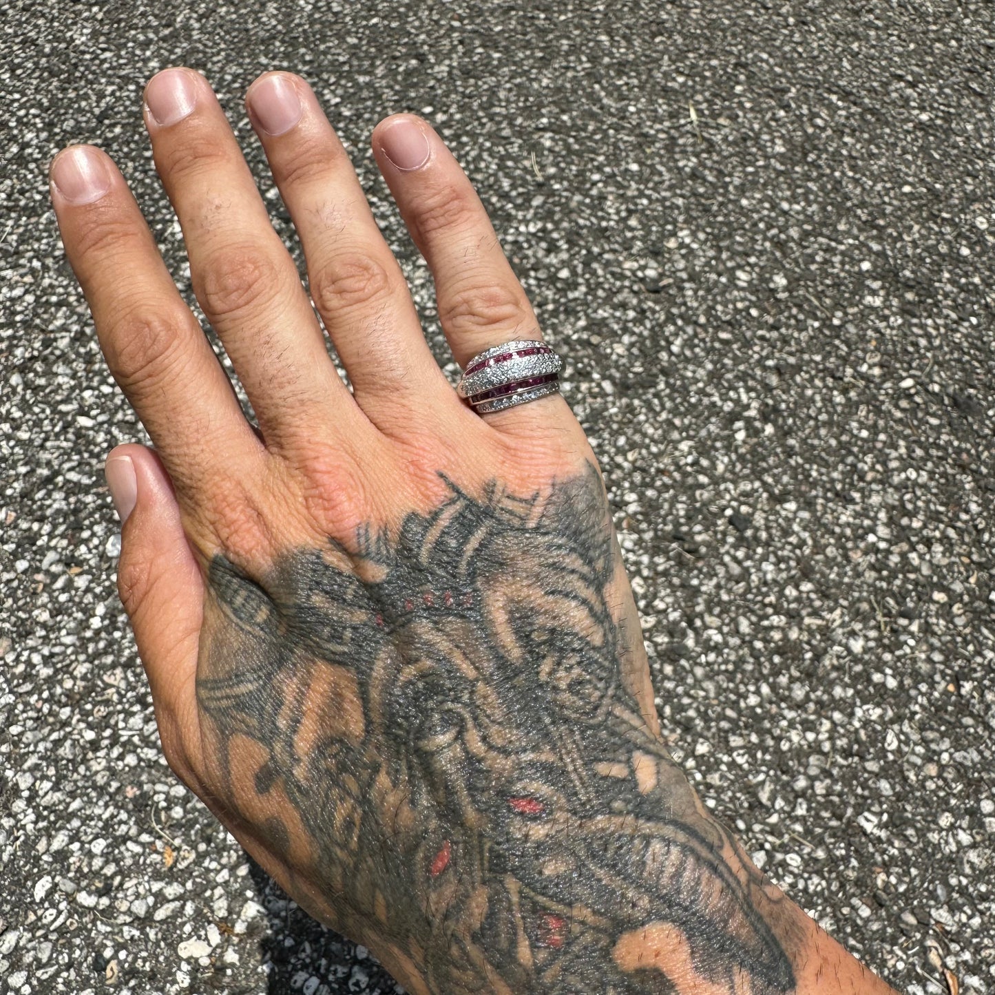 1940’s Retro Era Handcrafted 18k White Gold .73ctw Natural VS Quality Diamond And Princess Cut Ruby Flooded Step Up Ring (5.75)