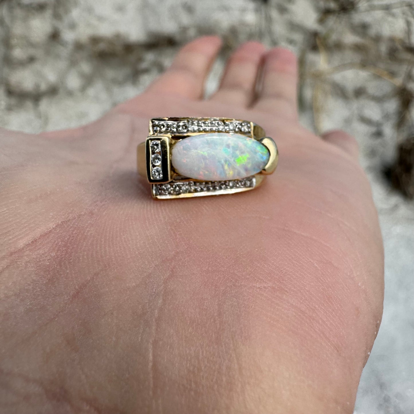 Vintage 14k Yellow Gold Chunky Natural Diamond And Opal Modernist Ring (6.5)