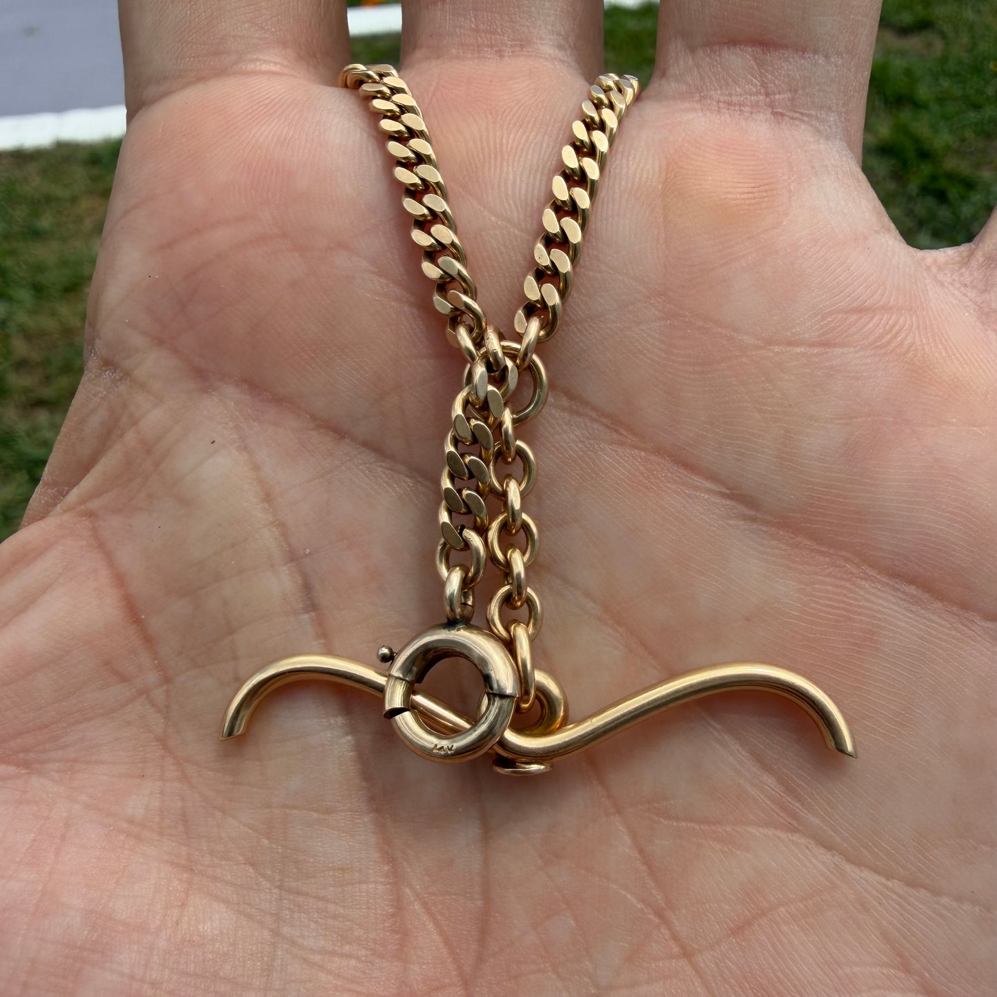 1917 Solid 14k Yellow Gold Double Albert Curb Link Watch Chain Necklace (22.5”)