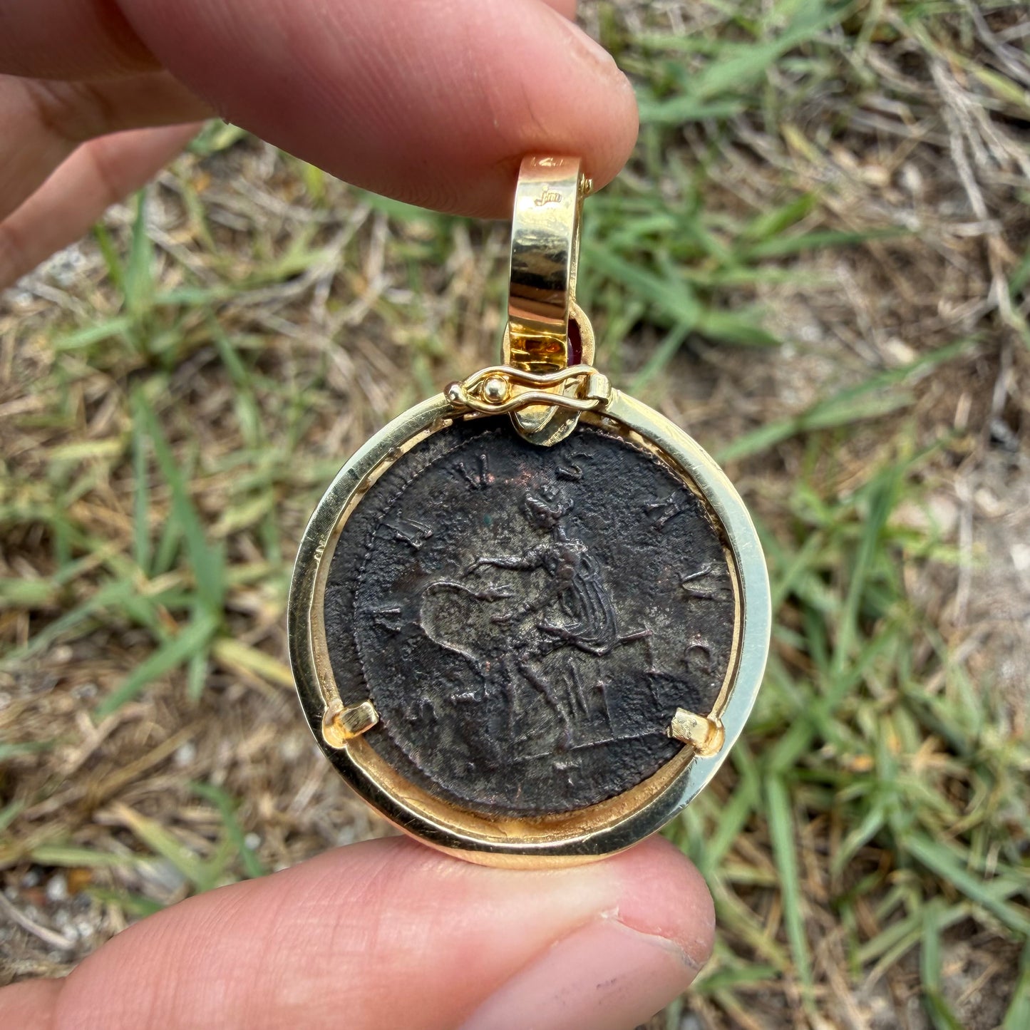 Vintage 14k Yellow Gold Natural Diamond and Ruby Ancient 275-276A.D Tacitus Roman Coin Pendant