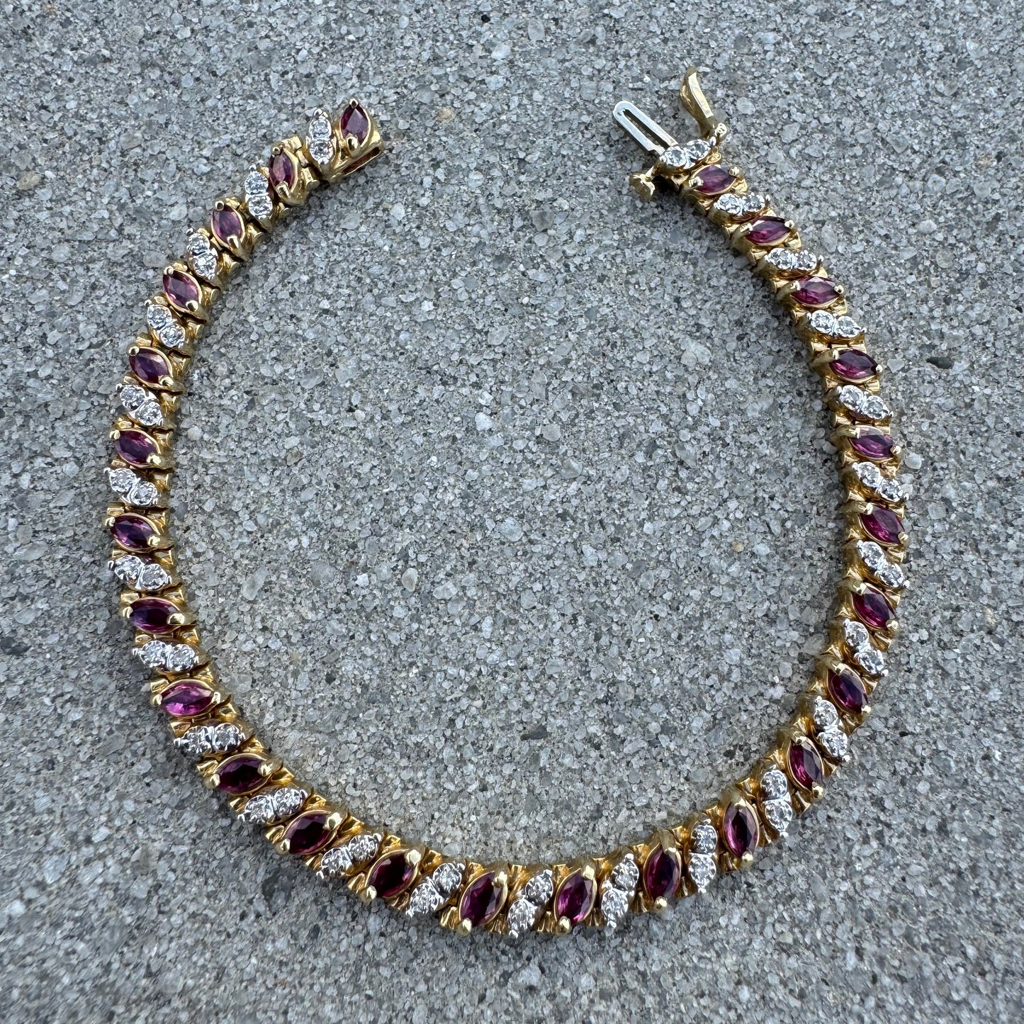Vintage Solid 14k Yellow Gold 5.0Ctw Natural Ruby And .50ctw Diamond Tennis Bracelet (7.25”)