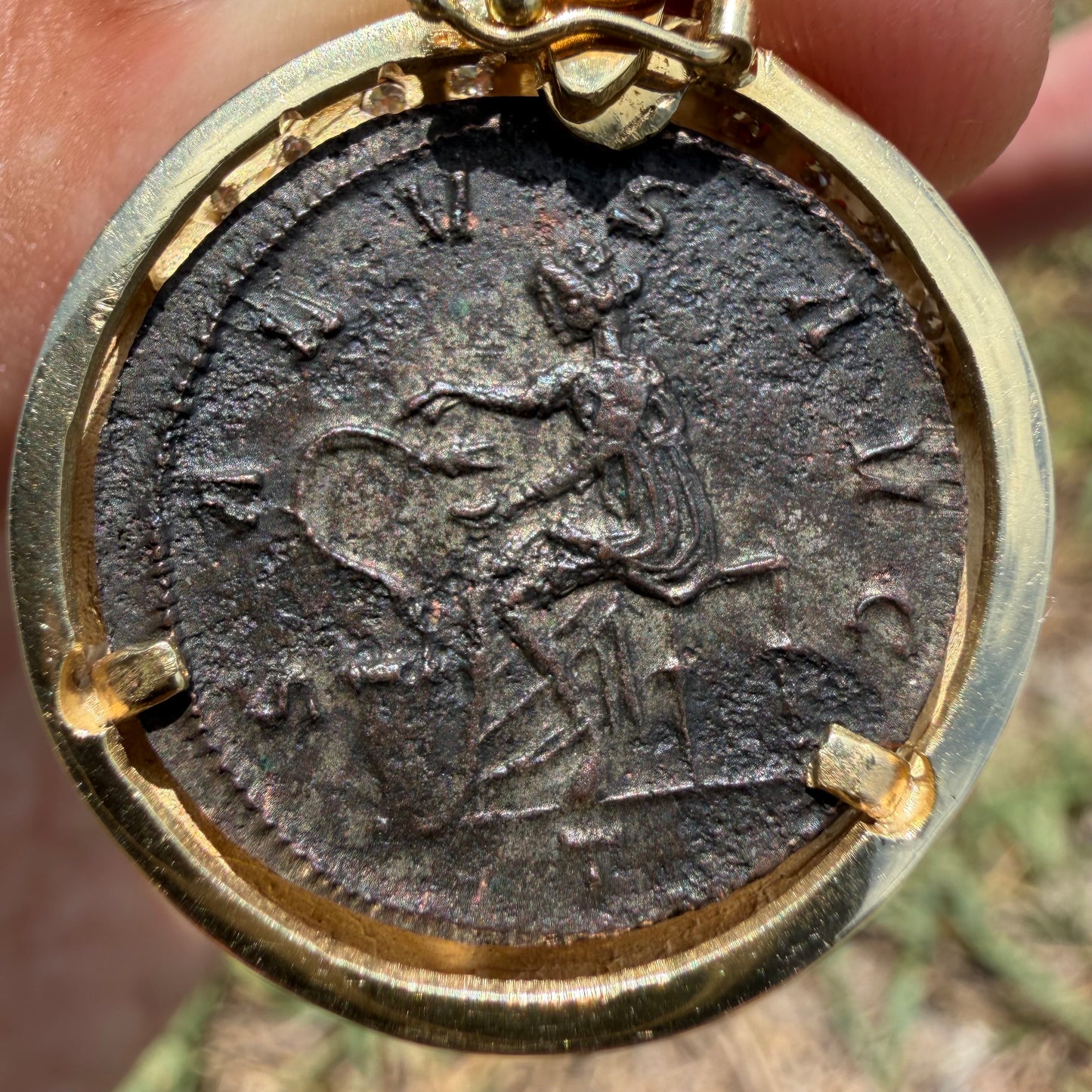 Vintage 14k Yellow Gold Natural Diamond and Ruby Ancient 275-276A.D Tacitus Roman Coin Pendant
