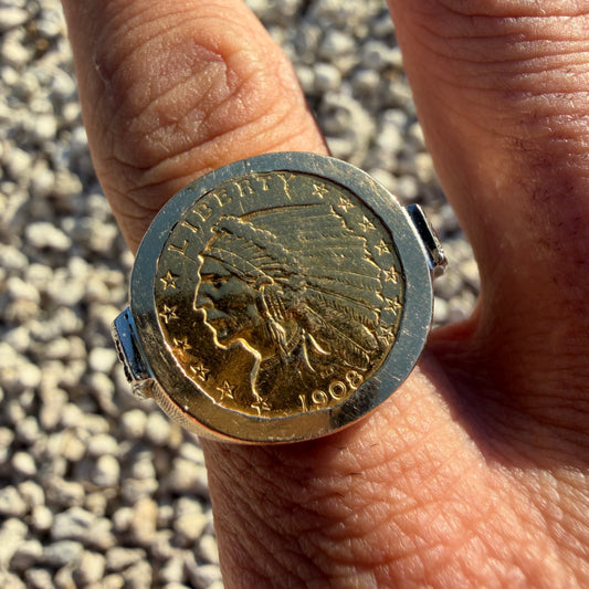 Vintage Solid 14k Yellow Gold Natural Diamond 1908 Indian Head $2.50 Coin Ring (12)