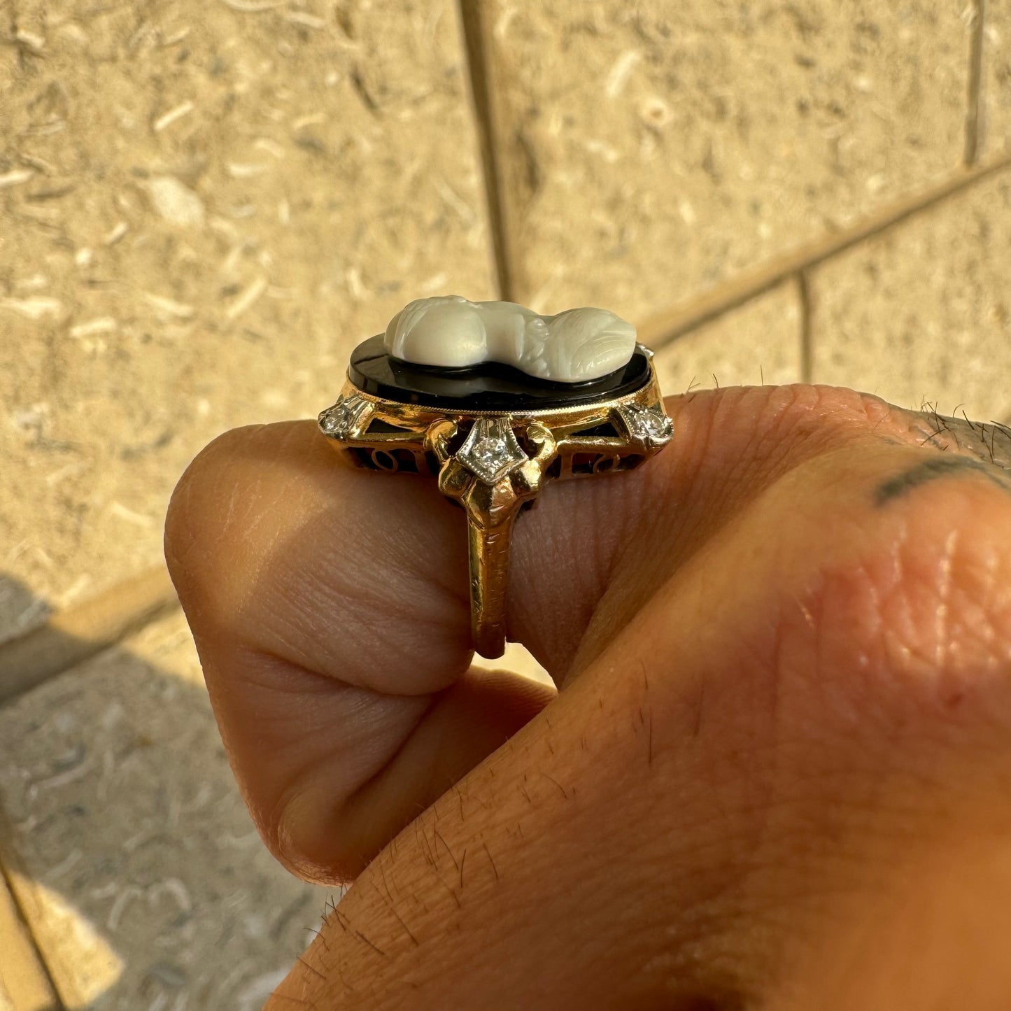 Art Deco 14k Yellow Gold And Platinum .25ctw Natural Diamond Athena (Goddess Of War) Cameo Ring (6.75)