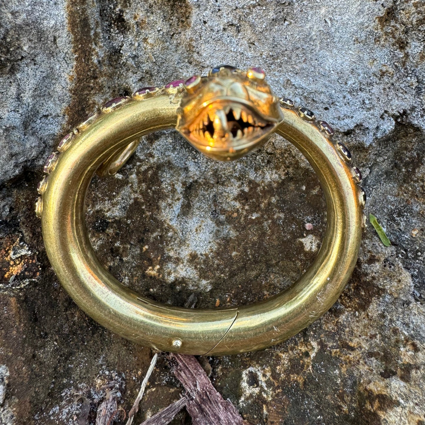 Mid 1800’s 15k Yellow Gold Blue And Pink Sapphire Encrusted Snake Bracelet (6”-7”)