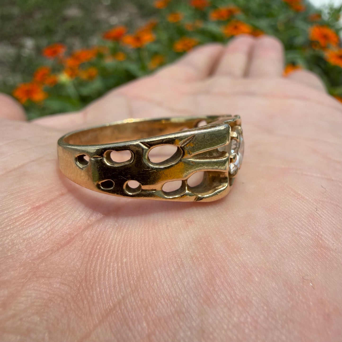 Vintage Solid 14k Yellow Gold .85ct Natural Old Euro Cut Diamond Solitaire Nugget Ring (11.5)