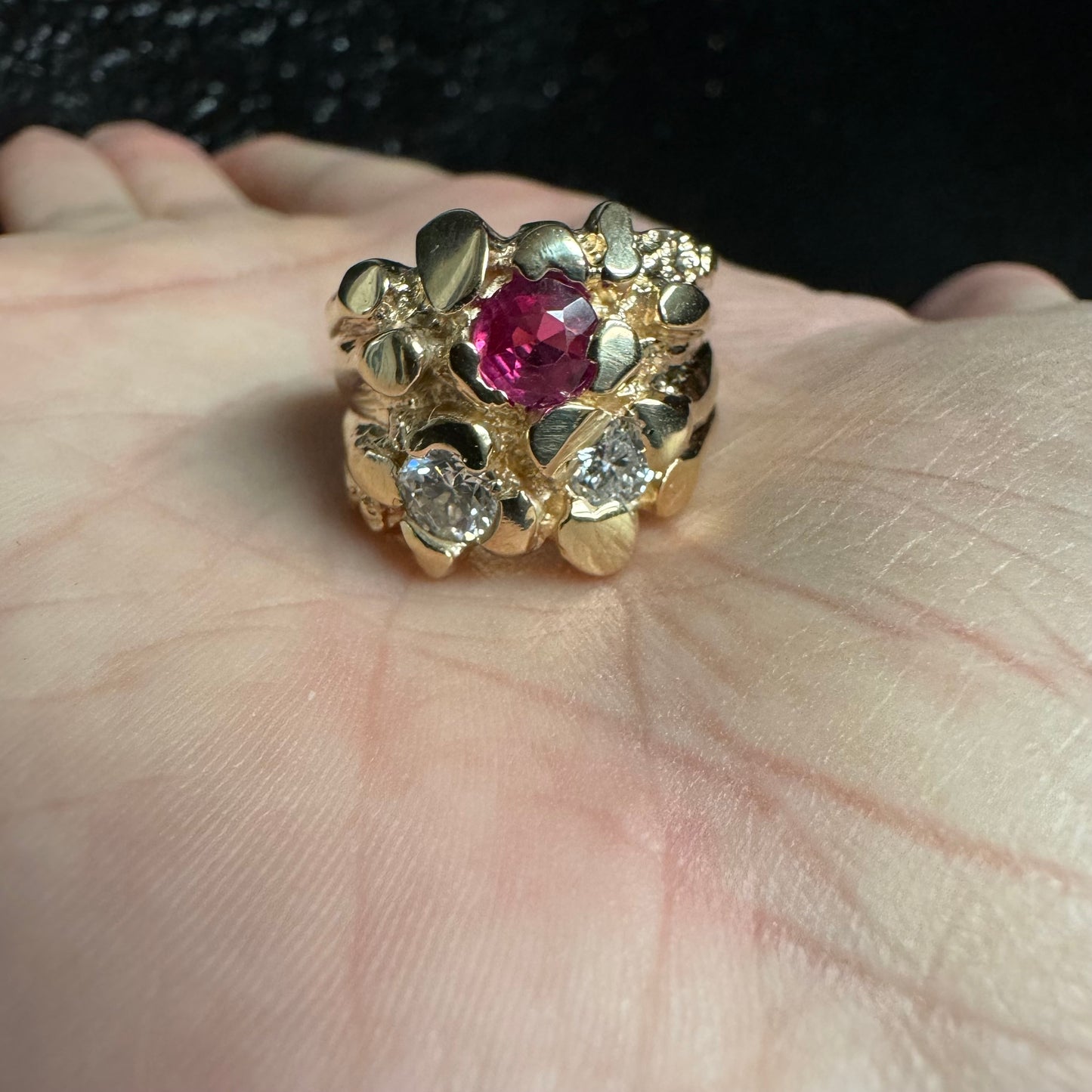 Vintage 14k Yellow Gold 1.25Ctw Natural Diamond 1.0Ct Ruby Nugget Ring (9.5)