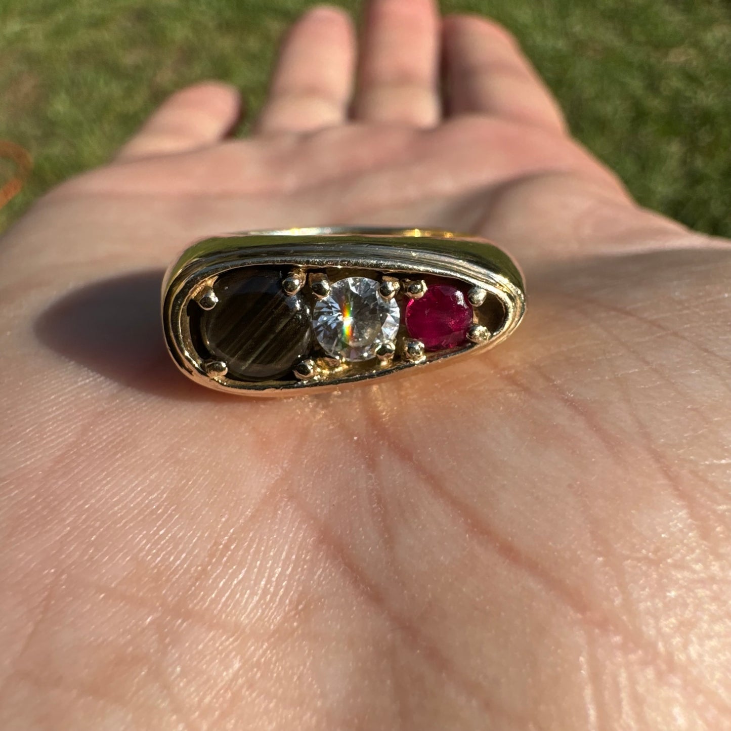 Vintage Solid 14k Yellow Gold .40ct Natutal Diamond, Ruby, Black Star Sapphire Chunky Modernist Ring (7.75)