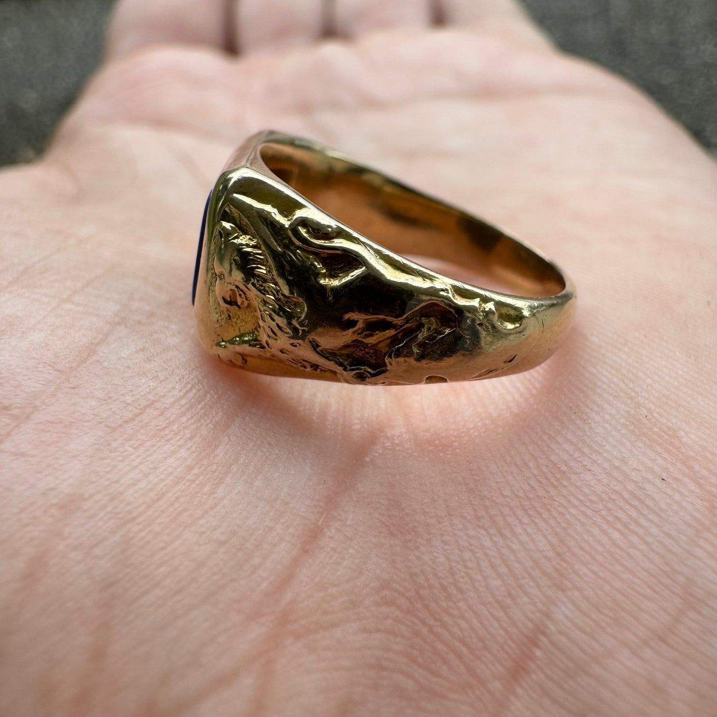 Art Nouveau 14k Yellow Gold Raw Lapis Griffin Signet Ring By Larter And Sons (6)