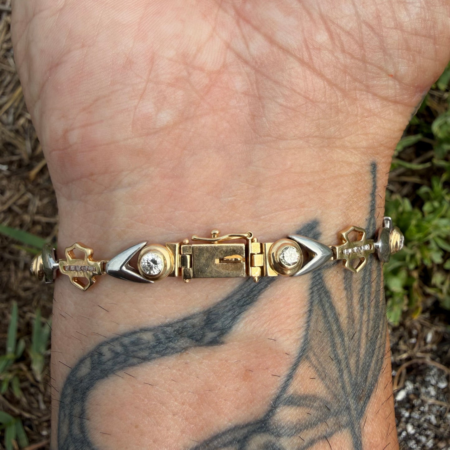 Vintage Solid 14k Yellow Gold .950 Platinum 1.25ctw Natural Diamond Harley-Davidson Bracelet (7”)
