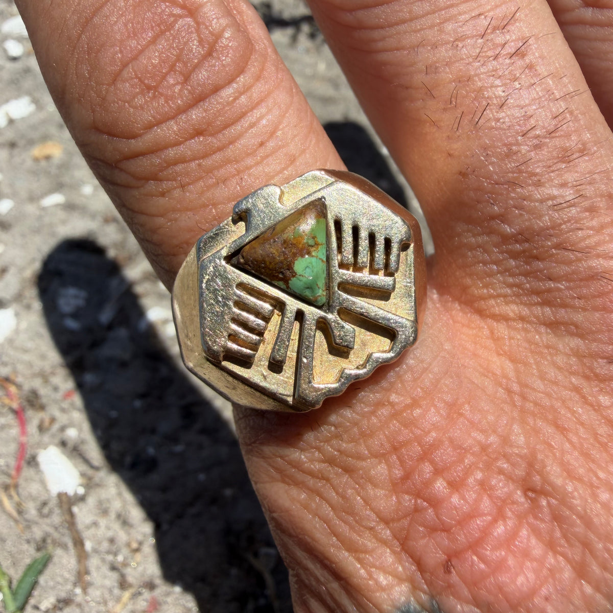 Mid-Century Solid 14k Yellow Gold Heavyweight Turquoise Thunderbird Signet Ring (11.5)