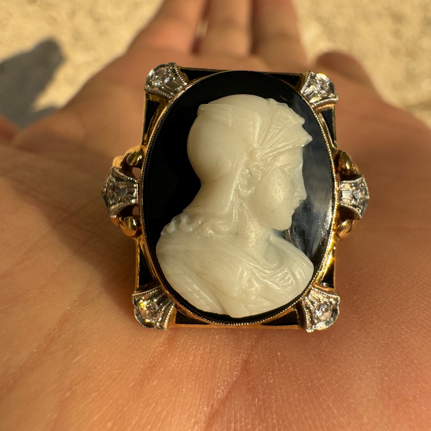 Art Deco 14k Yellow Gold And Platinum .25ctw Natural Diamond Athena (Goddess Of War) Cameo Ring (6.75)
