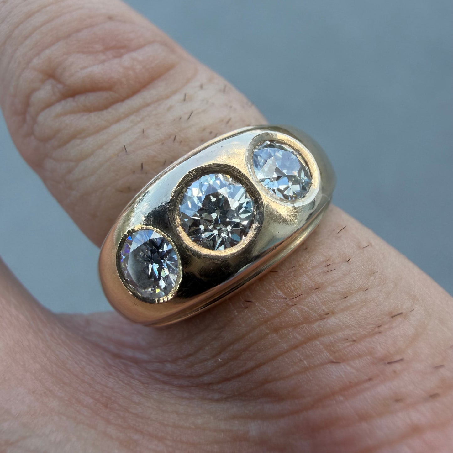Art Deco Solid 14k Yellow Gold 1.20ctw Natural Old Cut Diamond Gypsy Trilogy Ring (6.5)