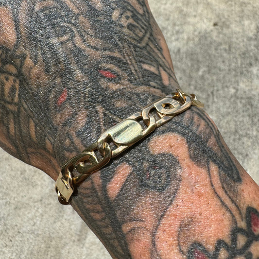 Vintage Solid 14k Italian Gold Tigers Eye Mariner Link Heavy Duty Bracelet (8.75”)