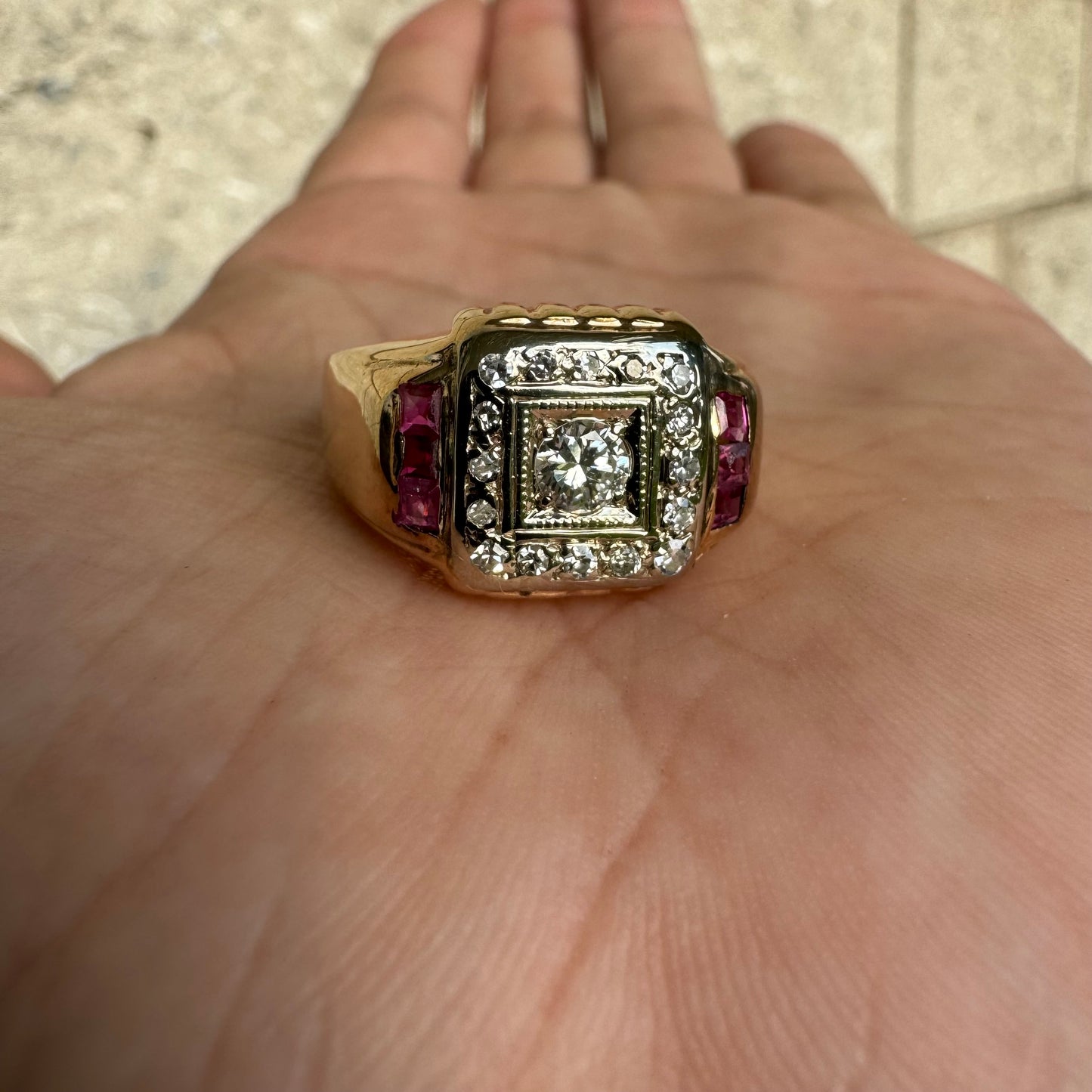 Mid Century Natural VS Quality Diamond And Ruby Mafioso Gents Ring (10.5)