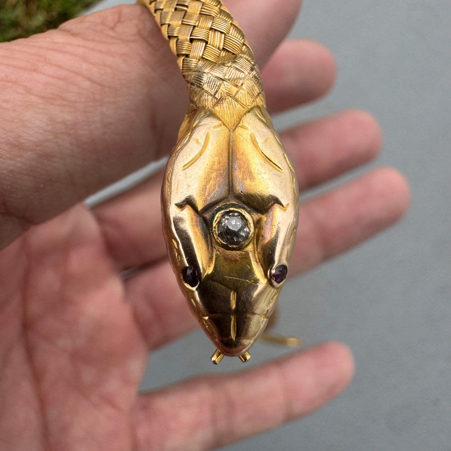 Circa 1840’s Early Victorian 19.7k Yellow Gold Woven Flexible Snake Band (24”)