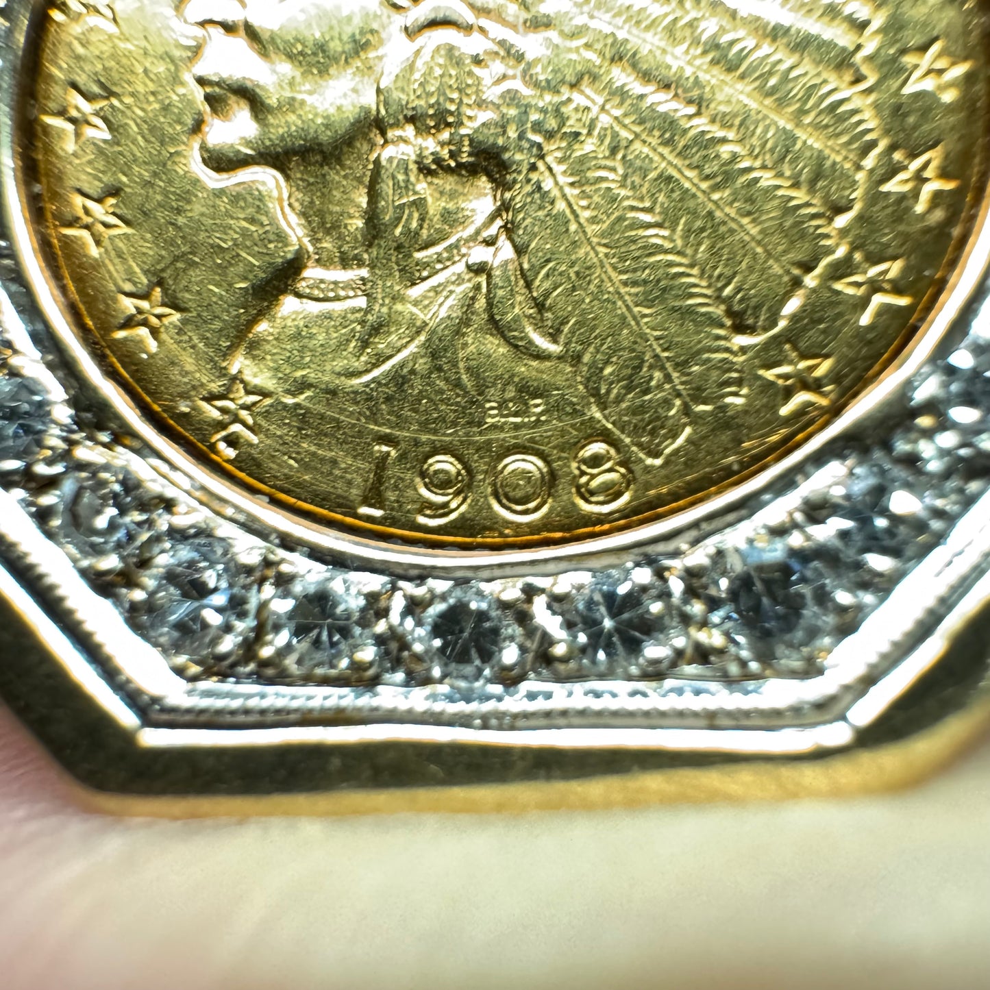 1908 $2.5 Gold Indian Head Coin Natural Diamond Curb Link Necklace (16”)