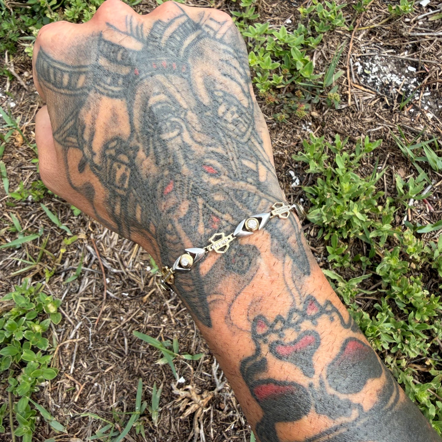 Vintage Solid 14k Yellow Gold .950 Platinum 1.25ctw Natural Diamond Harley-Davidson Bracelet (7”)