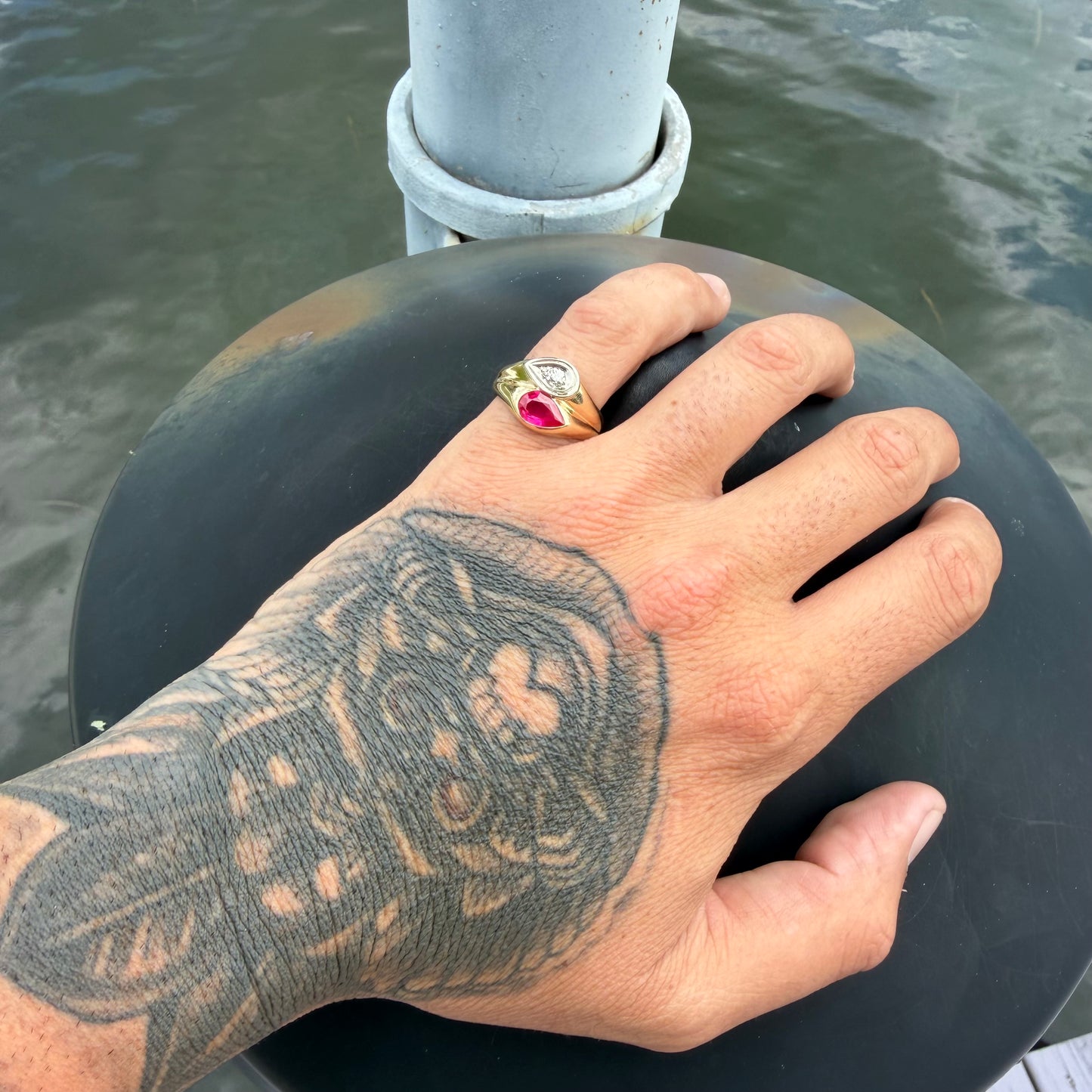 Vintage Solid 14k Yellow Gold Natural Old Euro Cut Diamond Pink Spinel Tony Soprano Pinky Ring (10)