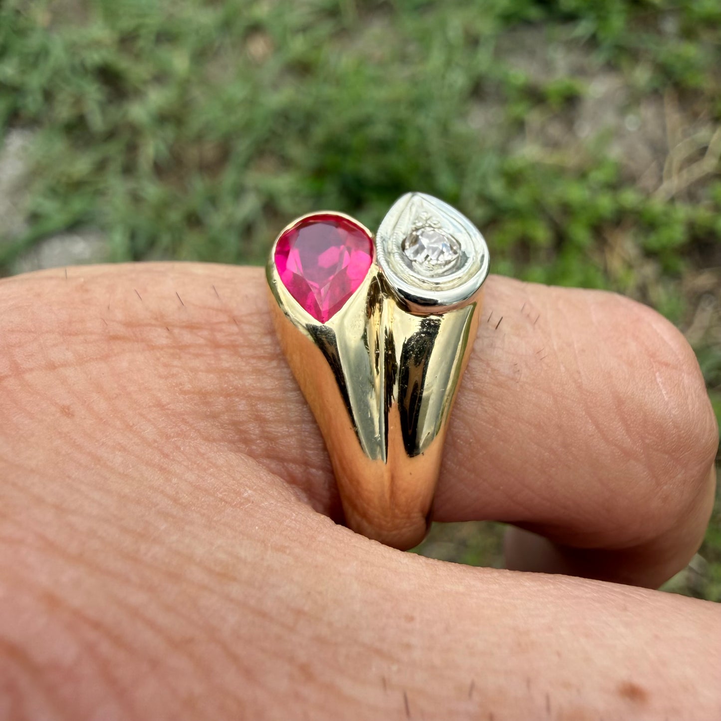 Vintage Solid 14k Yellow Gold Natural Old Euro Cut Diamond Pink Spinel Tony Soprano Pinky Ring (10)
