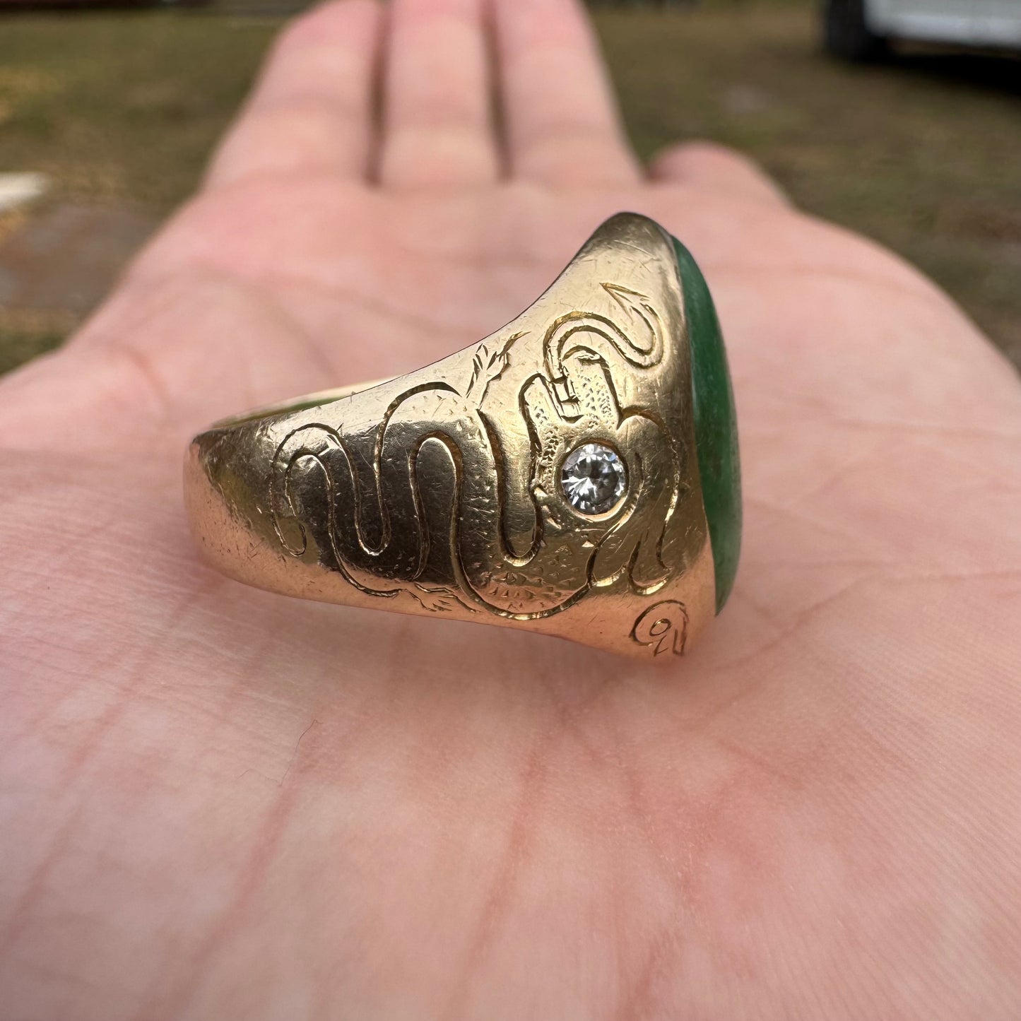 Art Deco Solid 14k Yellow Gold Jade & Diamond Dragon & Floral Carved Signet Ring By Larter And Sons (9.5)