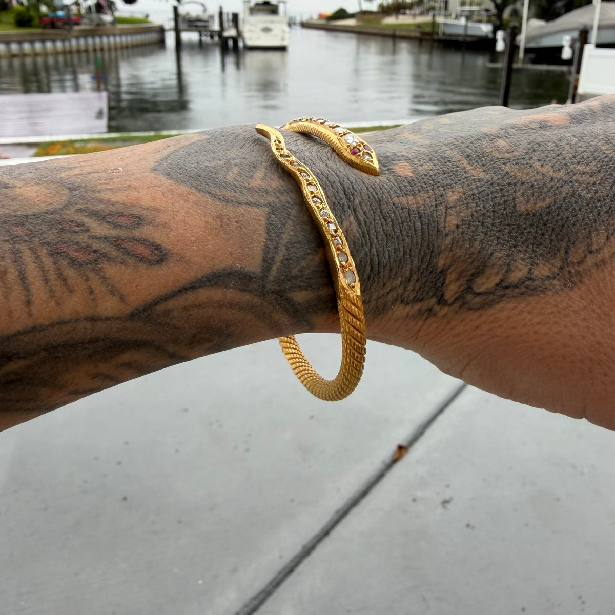 Antique Egyptian Solid 22.5k Yellow Gold Natural Rose Cut Diamond And Ruby Snake Bangle Bracelet (6.5”-8”)