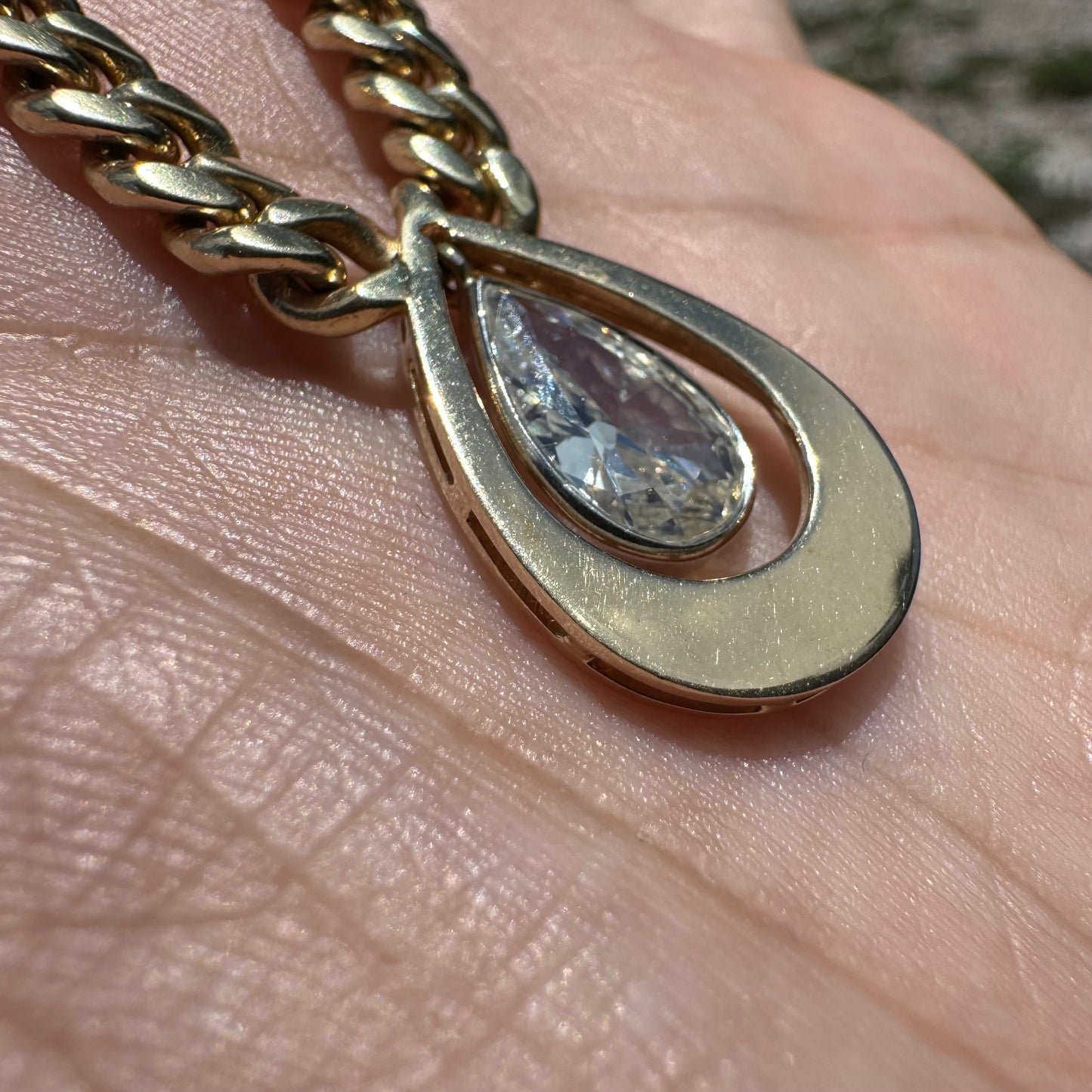 Vintage 1.78ct Natural Pear Cut Diamond Solitaire Solid 14k Yellow Gold Heavyweight Cuban Link Necklace (16”)