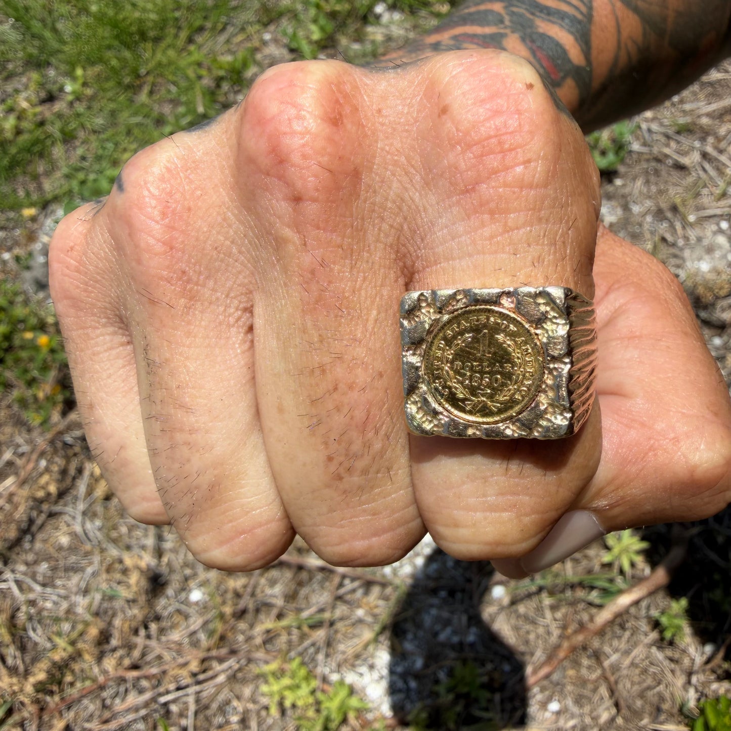 1850 Liberty Head $1 Gold Coin Solid Backed 14k Yellow Gold Heavyweight Nugget Ring (13)