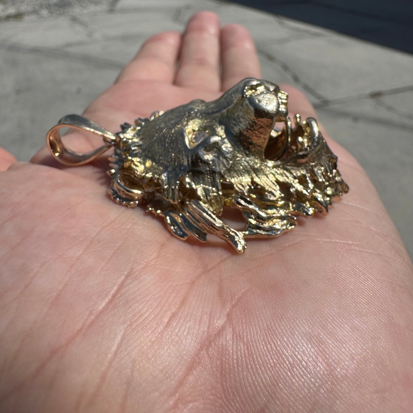 Vintage Solid 14k Yellow Gold Natural Diamond Large Heavyweight Lion Pendant