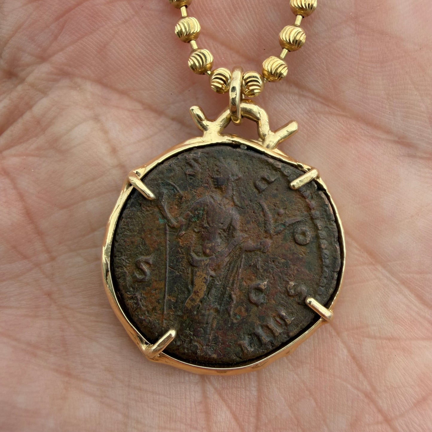 Vintage Solid 14k Yellow Gold Ancient 156-158A.D Antoninus Pius Roman Coin Brutalist Pendant
