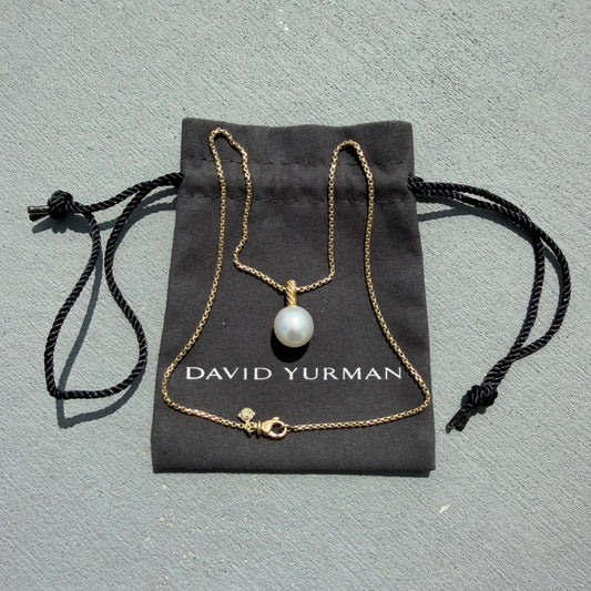 David Yurman Solid 18k Yellow Gold Box Chain Necklace Large Freshwater Pearl Pendant Set (16”)