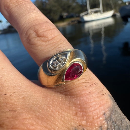 Vintage Solid 14k Yellow Gold Natural Diamond Pink Spinel Tony Soprano Pinky Ring (9.5)