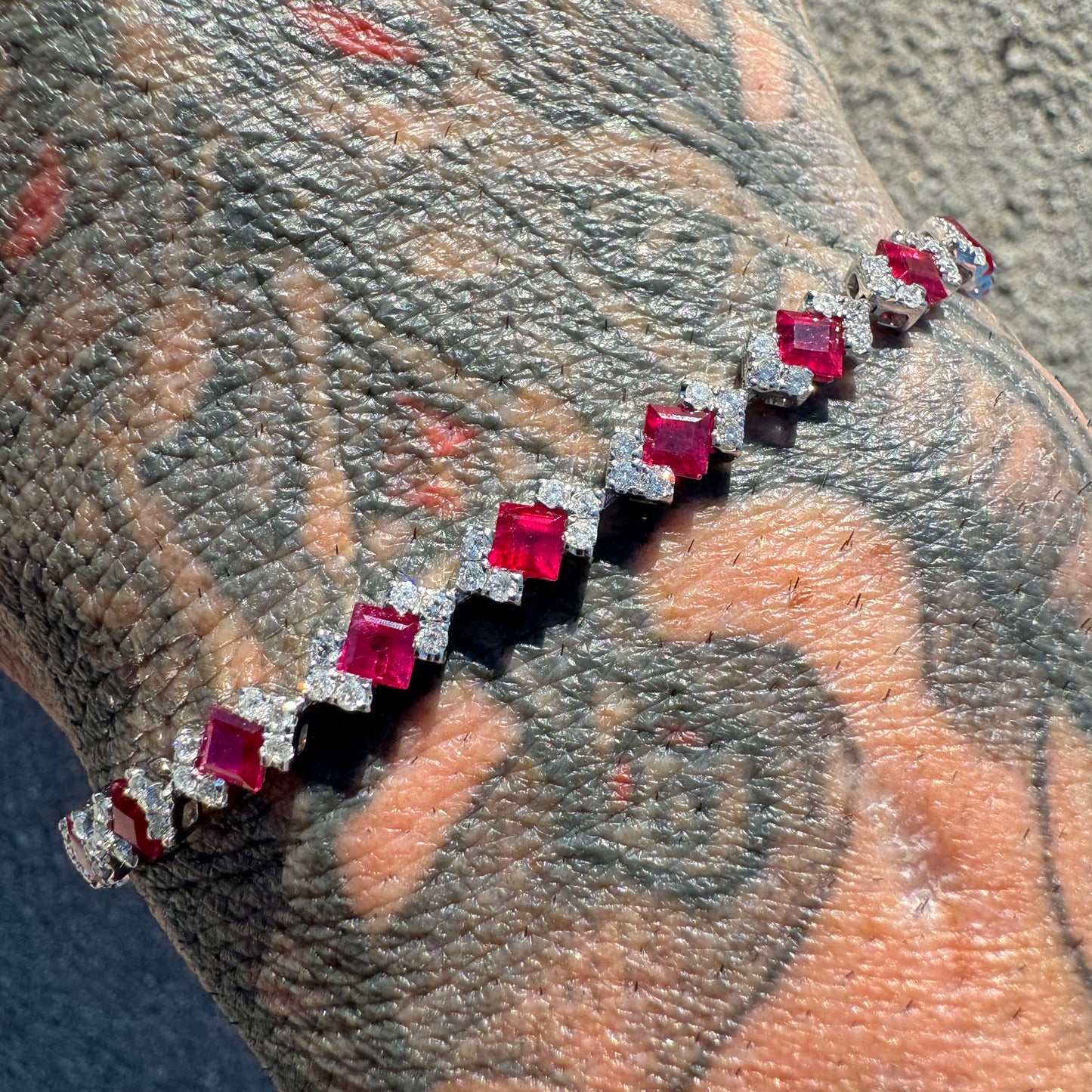 Brand New 14k White Gold 4.8ctw Natural Pigeon Blood Burmese Ruby And 1.5ctw Natural VS Diamond Bracelet (7.25”)