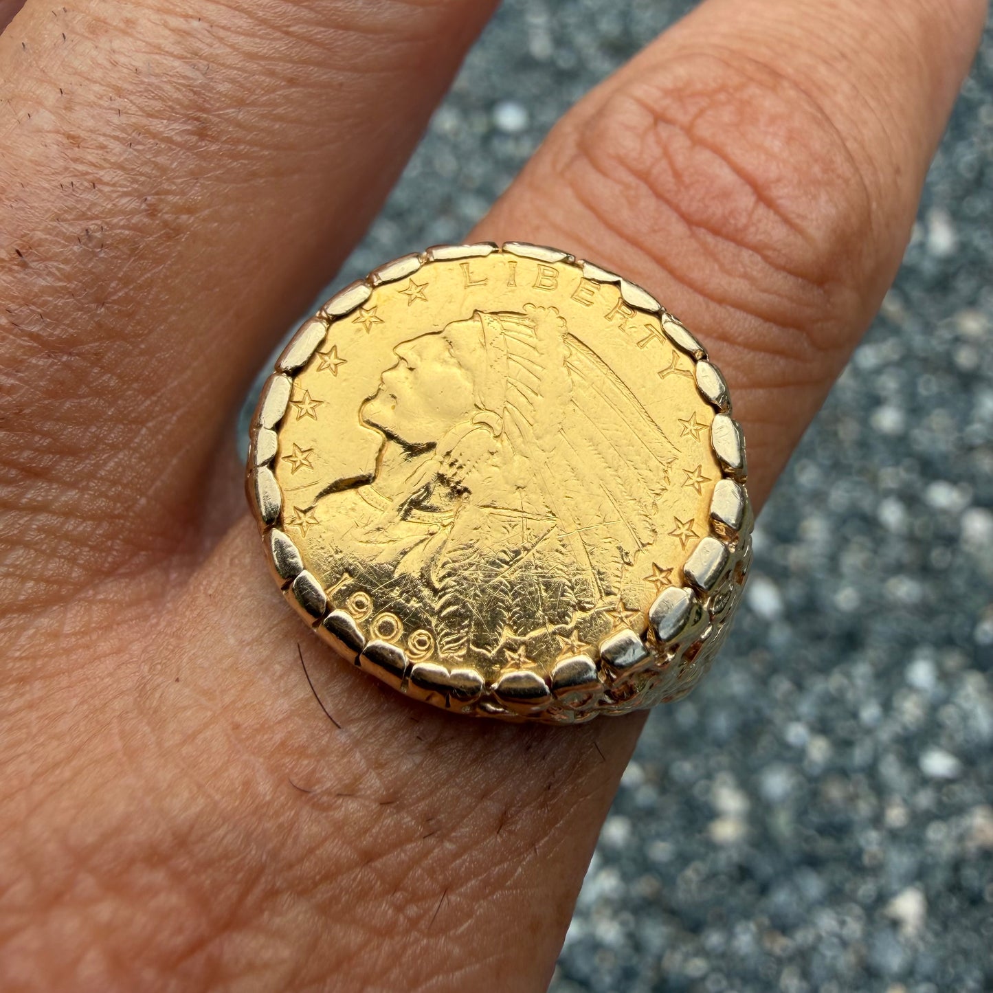 1909 Indian Head $2.50 Gold Coin 14k Yellow Gold Nugget Ring (11.5)