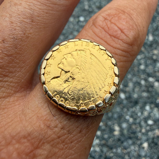 1909 Indian Head $2.50 Gold Coin 14k Yellow Gold Nugget Ring (11.5)