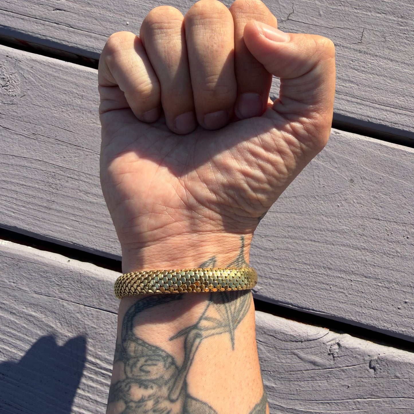 Circa 1940’s Italian Designer 18k Yellow Gold Flexible Mesh Heavyweight Snake Bracelet (6”-7.75”)