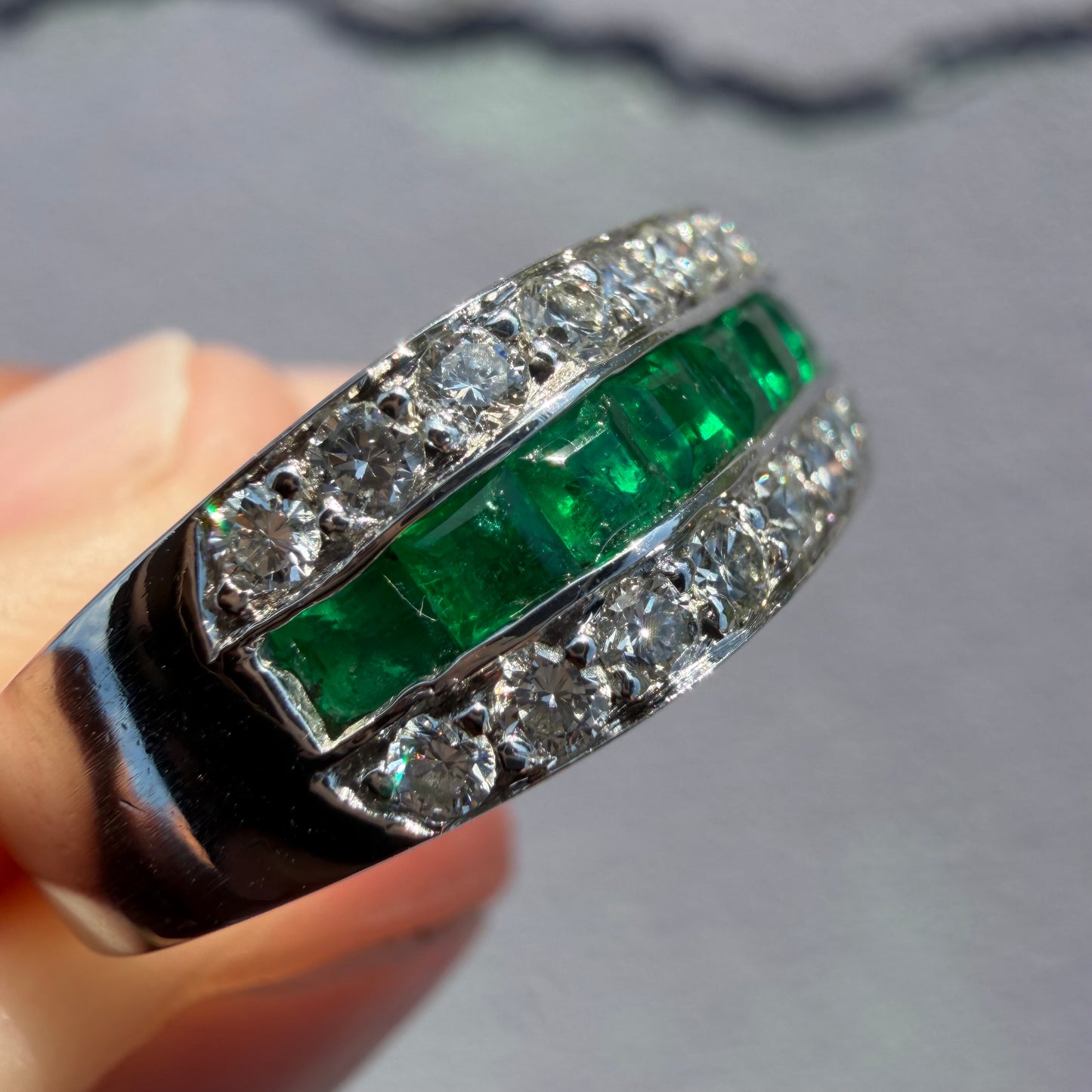 1980’s New Old Stock Solid Platinum 2.5ctw Natural Colombian Emerald and VS Diamond Ring (7.75)