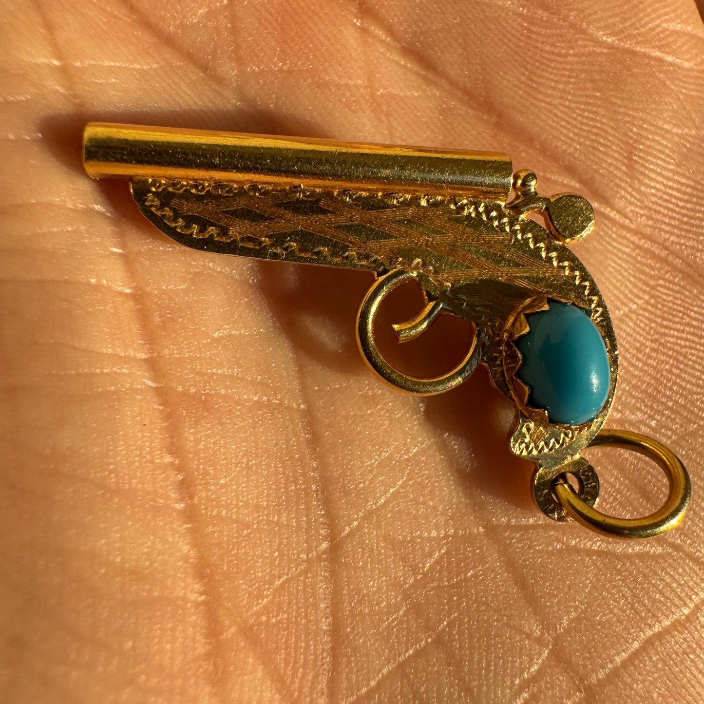 Mid-Century 18K Italian Yellow Gold Persian Turquoise Pistol Pendant