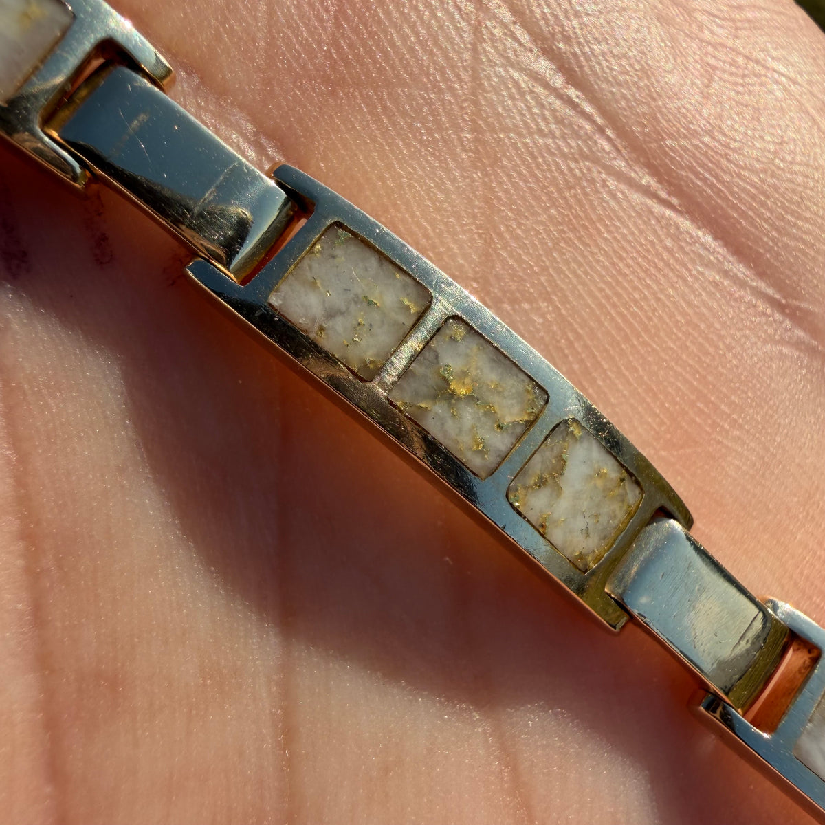 Vintage Solid 14k Yellow Gold Inlaid Gold-bearing Quartz Bracelet (7.75”-8”)
