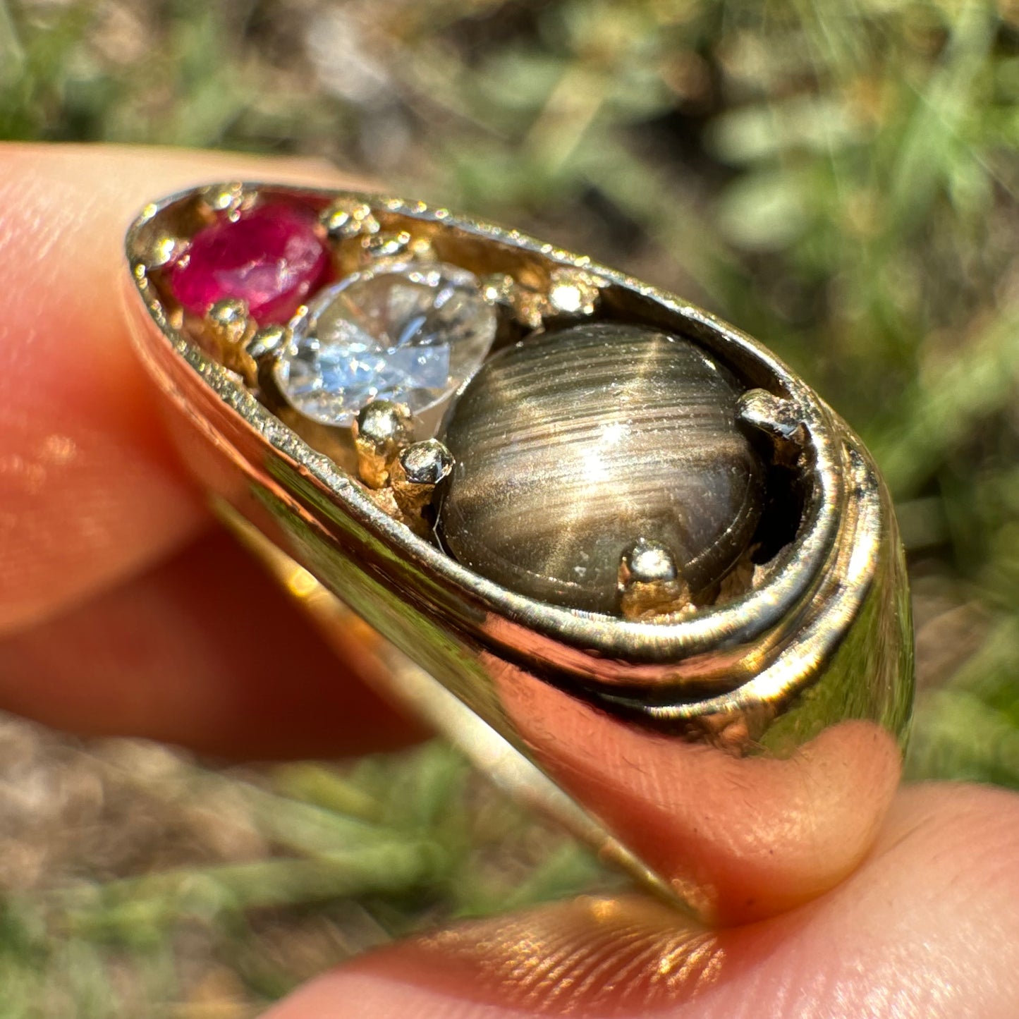 Vintage Solid 14k Yellow Gold .40ct Natutal Diamond, Ruby, Black Star Sapphire Chunky Modernist Ring (7.75)