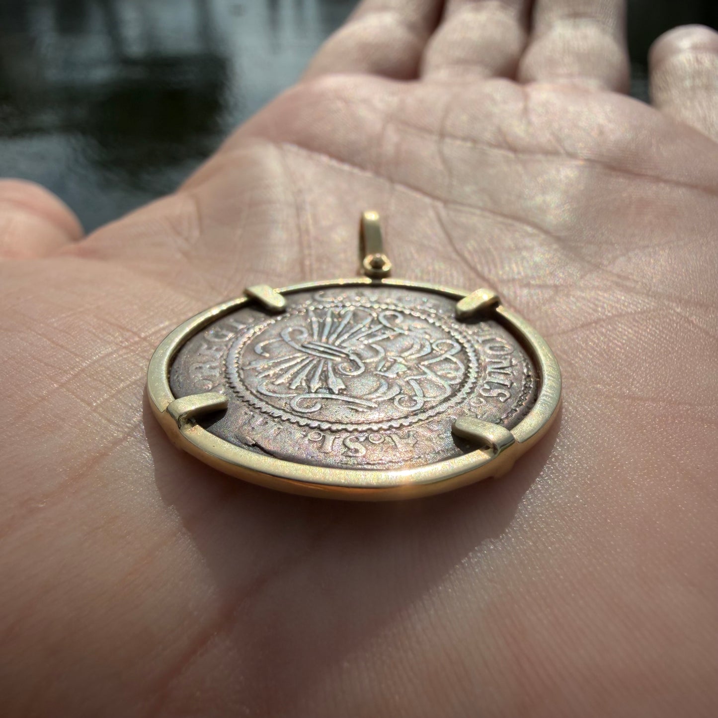 RARE 1474-1504 Silver Catholic Kings Seville 2 Reale Coin 14k Yellow Gold Pendant Retrograde R Counterstrike