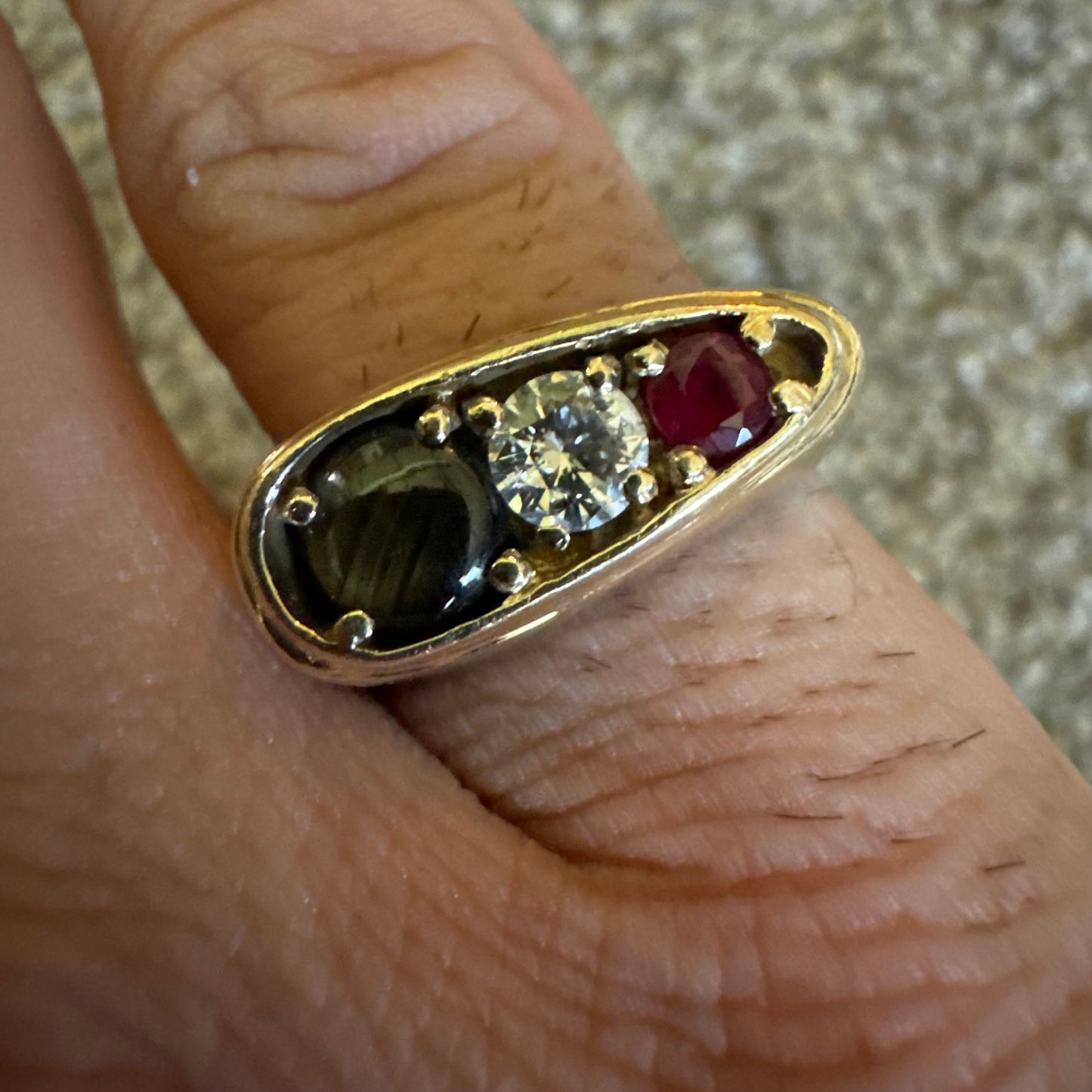 Vintage Solid 14k Yellow Gold .40ct Natutal Diamond, Ruby, Black Star Sapphire Chunky Modernist Ring (7.75)